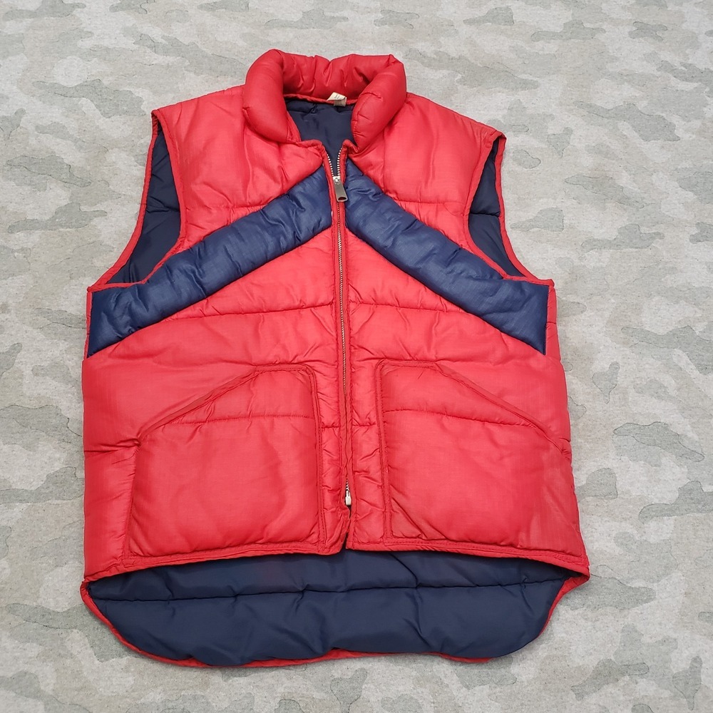 Vintage Puffer Vest Mens Medium Red Full Zip Chevron Talon Zipper Pockets